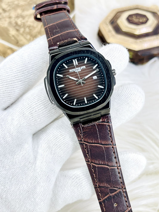Steel Luxe Watch – Black Dial Leather Strap Timepiece
