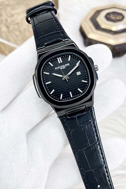Steel Luxe Watch – Black Dial Leather Strap Timepiece