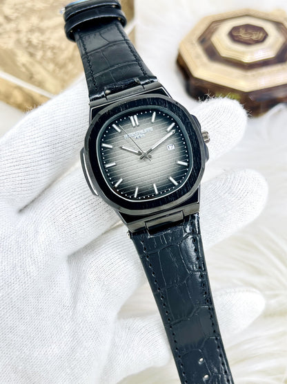 Steel Luxe Watch – Black Dial Leather Strap Timepiece