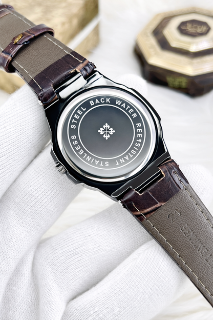 Steel Luxe Watch – Black Dial Leather Strap Timepiece