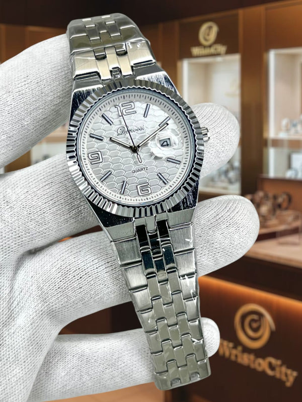 Silver Quartz Date Watch with Honeycomb Dial