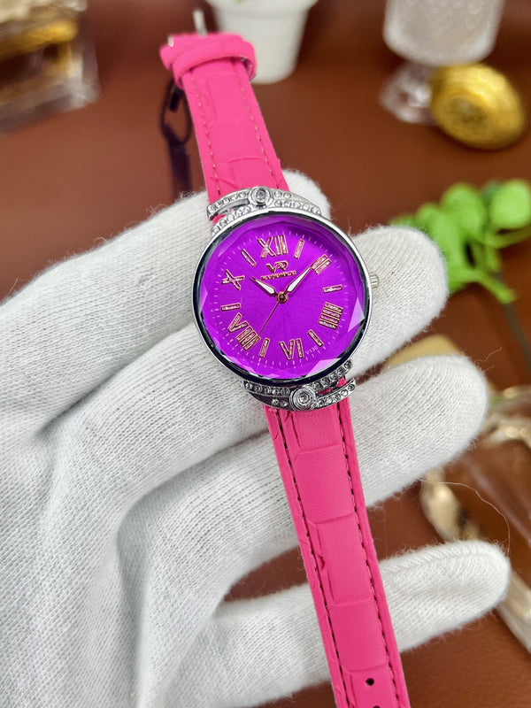 Luxury Women’s Crystal Dial Analog Watch with Leather Strap